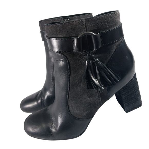 BORN! BLACK GENUINE LEATHER & GRAY SUEDE ANKLE HARNESS CHUNKY HEEL BOOTS! SZ 9M - Picture 11 of 11